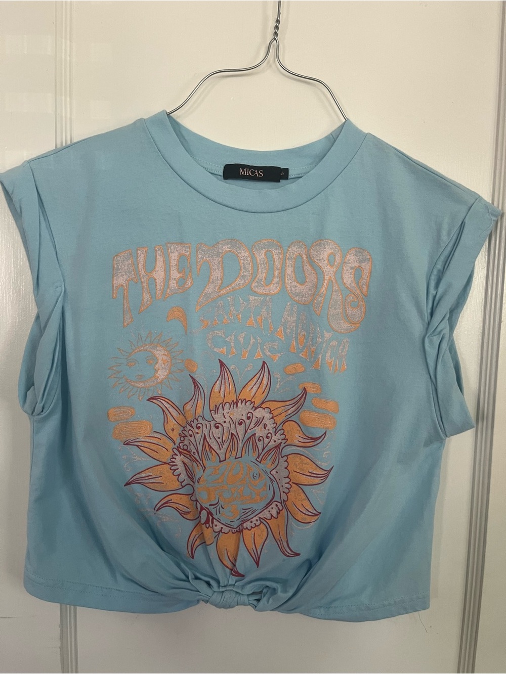Micas Light Blue Short Sleeve Knot-Front Graphic Tee
